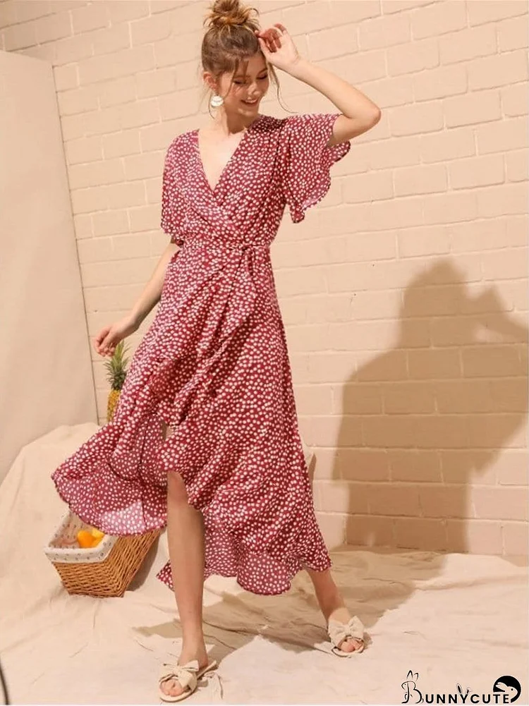 High-waist Irregular Ruffled Hem Chiffon Print Dress for Women