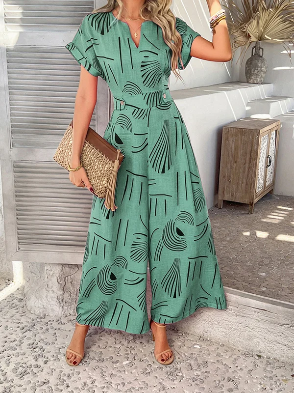 Buttoned Contrast Color High Waisted Loose V-Neck Jumpsuits