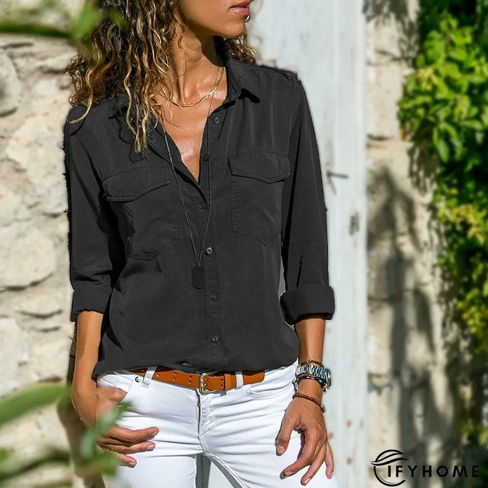 Women Fashion Turn Down Collar Solid  V Neck Long Sleeve Blouse | IFYHOME