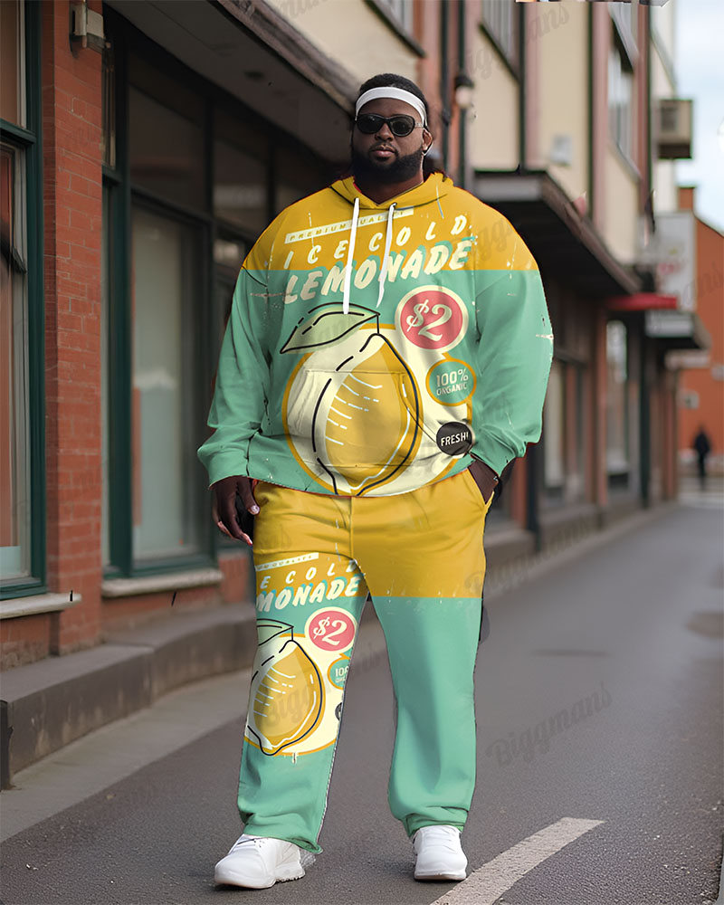 Men's Casual Retro Food Lemon Print Plus Size Hoodie Suit