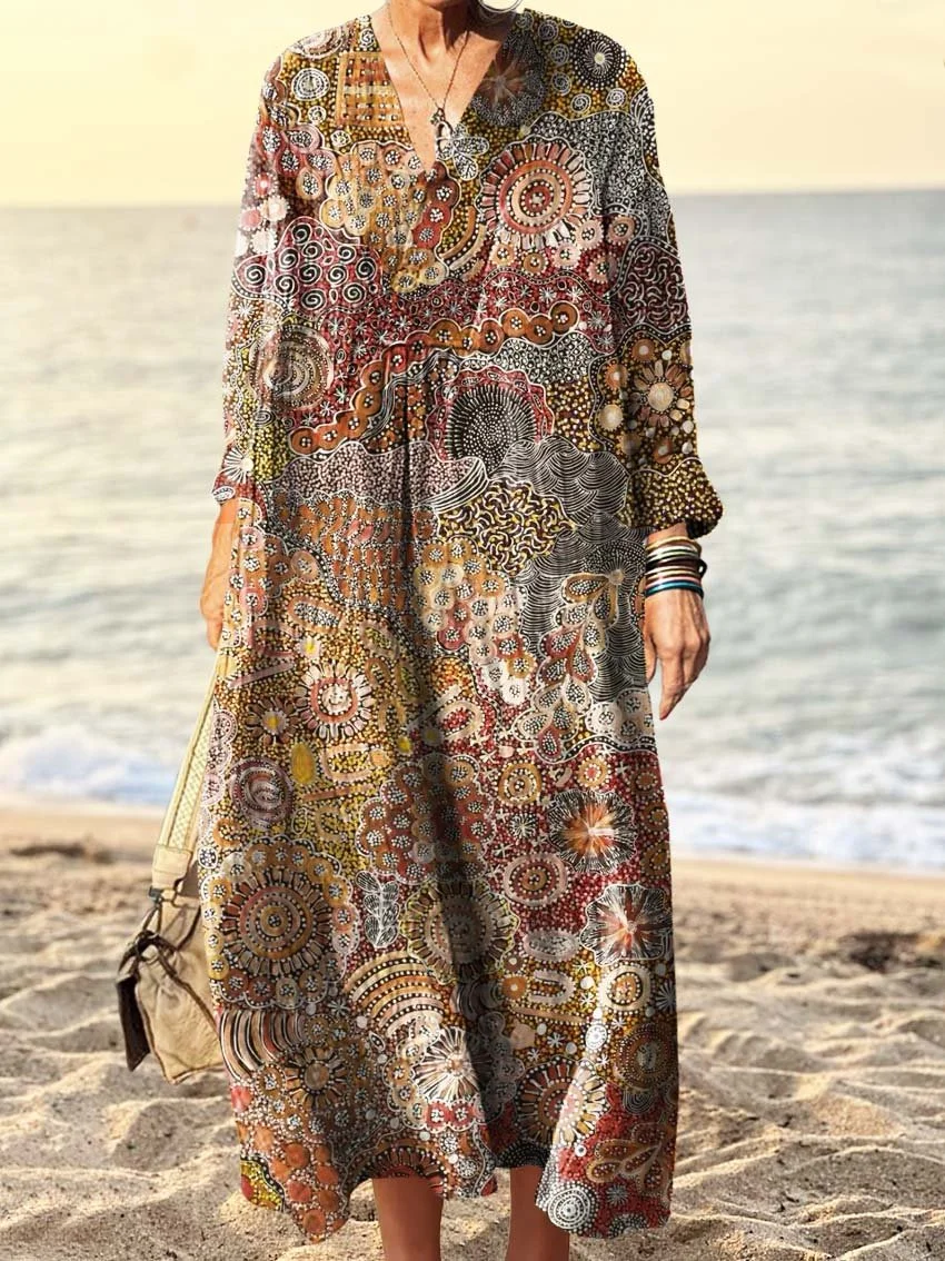 Women's Vintage Art Print V Neck Long Sleeve Dress