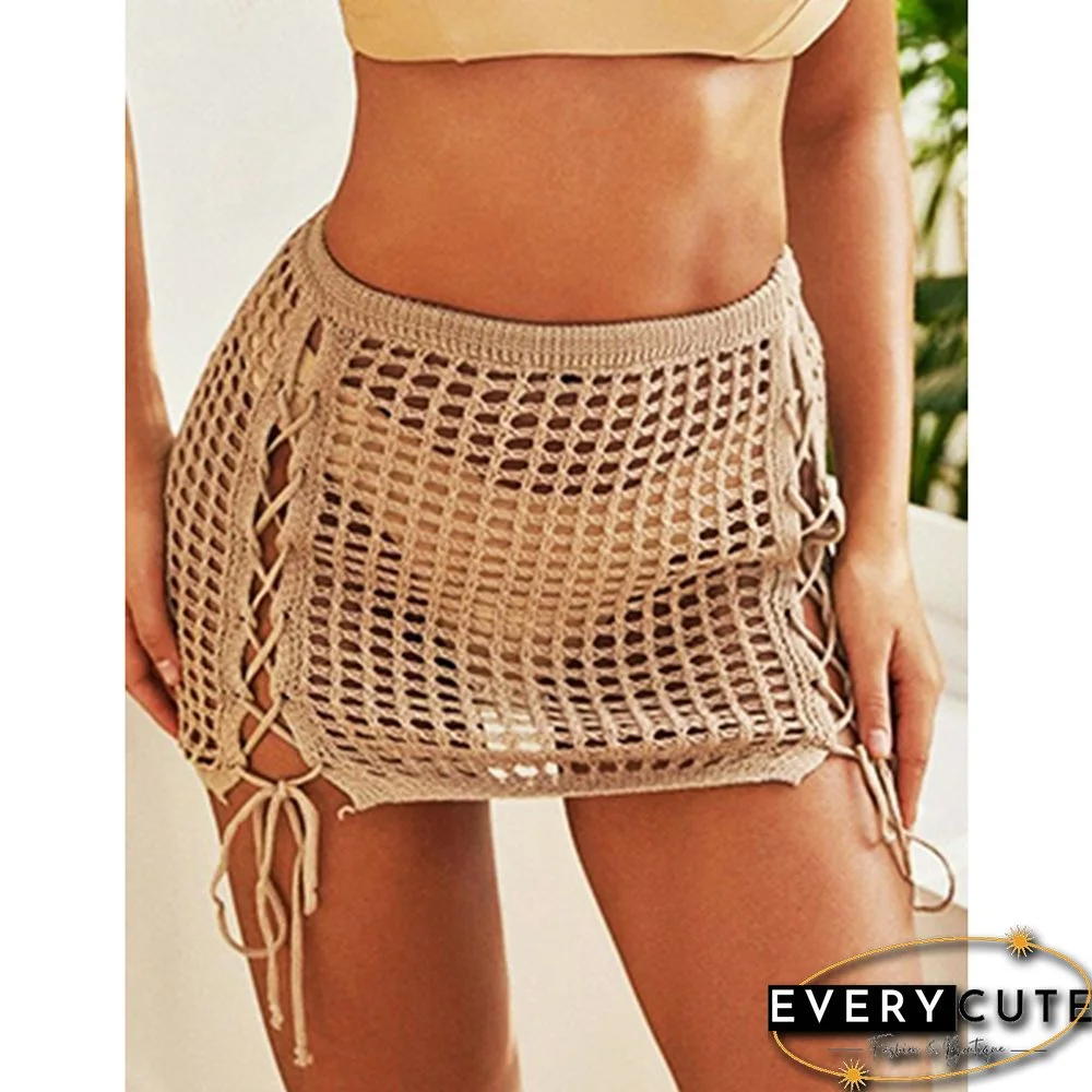 Khaki Hollow-out Side Drawstring Beachwear Mini Skirt