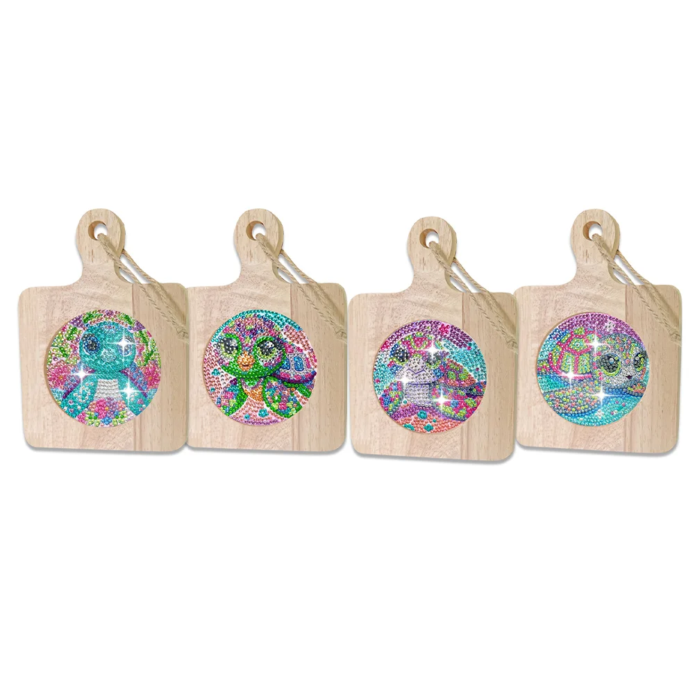 4Pcs Turtle Diamond Painting Wooden Serving Tray for Countertop Decoration