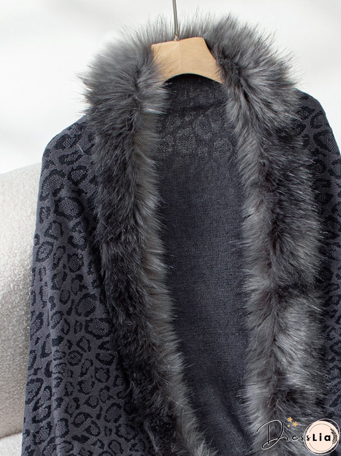 Fringe Leopard Open Front Long Sleeve Poncho