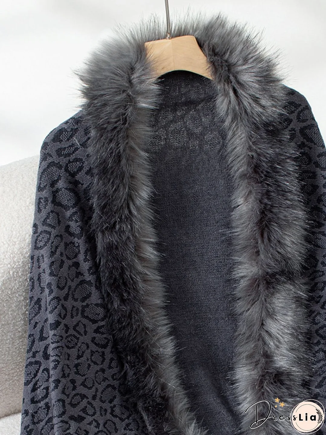 Fringe Leopard Open Front Long Sleeve Poncho