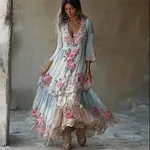 Vintage Boho Pink Roses Lace Flowy Linen Maxi Dress - Image 2
