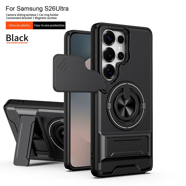 Tactical 2-in-1 Phone Case: Magnetic Ring Grip + Sliding Camera + Car Mount Compatible for Samsung Galaxy S26 Series