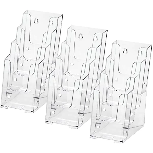 MaxGear Acrylic Brochure Holder 4-Inch Wide Tier Clear Literature Holder  Premium Acrylic Multi Pocket Display Stand, Wall Mount or Counter Top Use(3  Pack)