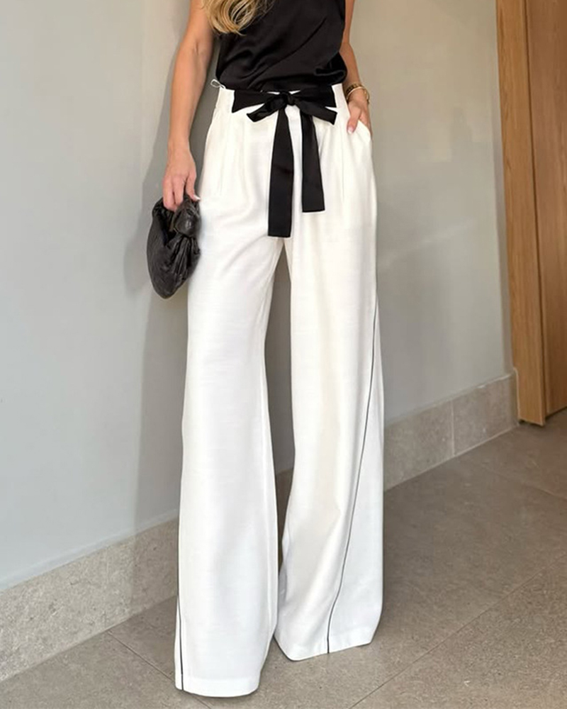 Piping Detail Belt Side Pockets Wide Leg Pants