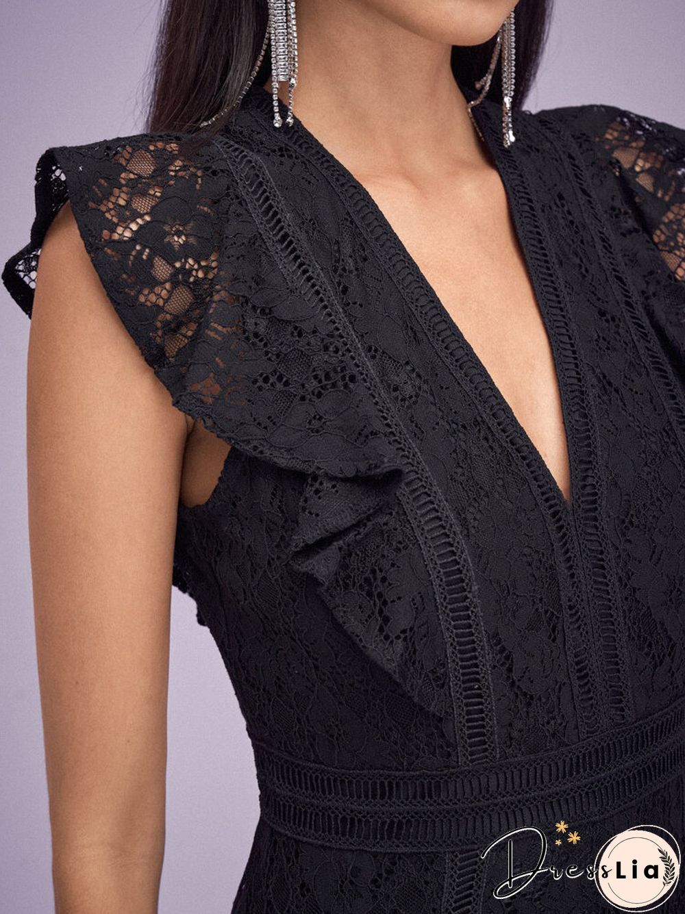 Lace Solid Ruffle Sleeve V-neck Romper For Women