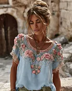 Women's Vintage Floral Embroidered Art Flowy Linen Blend Short Sleeve Casual Tops - Image 9