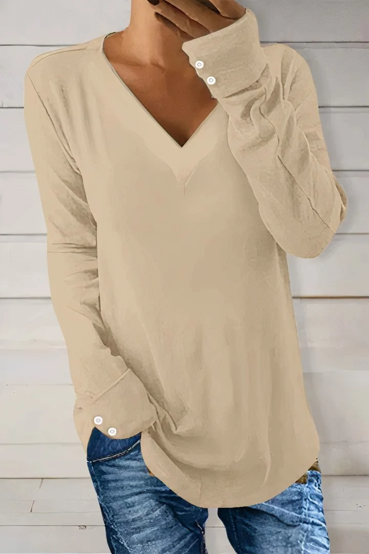 Solid Button Detail V Neck Long Sleeve T-Shirt