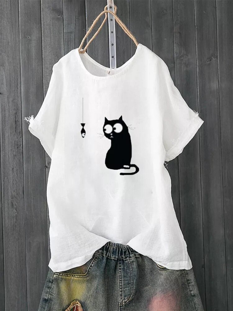 Cartoon Cat Fish Print Short Sleeve O neck T shirt P1692074