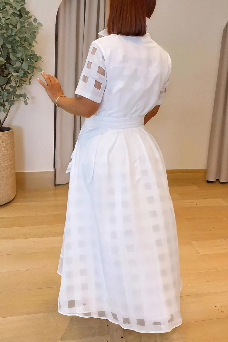 Plus Size Business Casual White Shirt Collar Short Sleeve Pocket Casual  Maxi Dresses