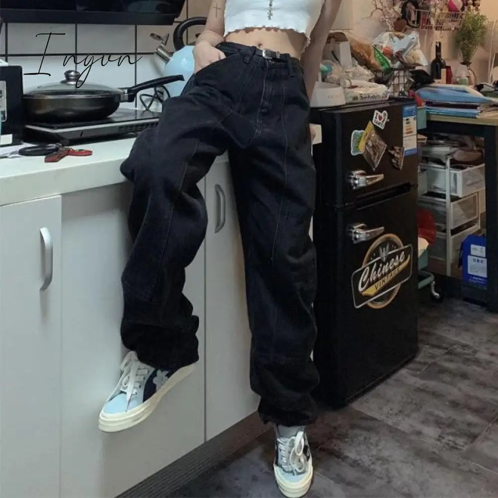 Ingvn - Retro Jeans Women Harajuku Vintage Black Street Bf Style Chic College Teens Streetwear All