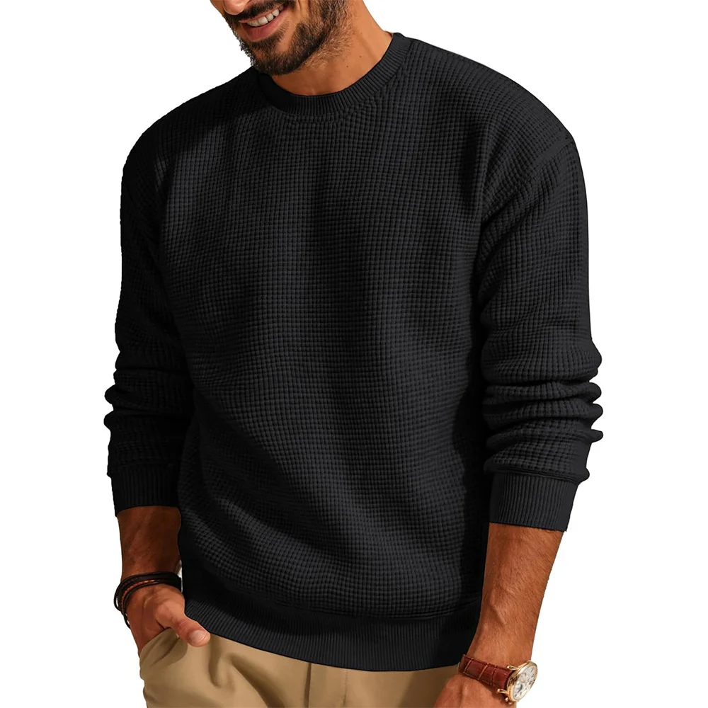 Wongn Wongn Solid Color Round Neck Sweater Jumsweater Men's Sweater Waffg Casual Men's Wear