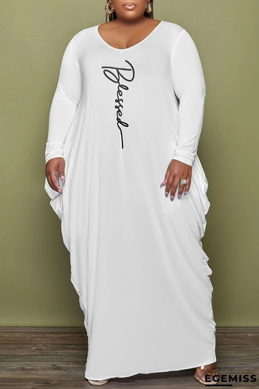White Casual Print Patchwork Fold O Neck Long Sleeve Plus Size Dresses | EGEMISS