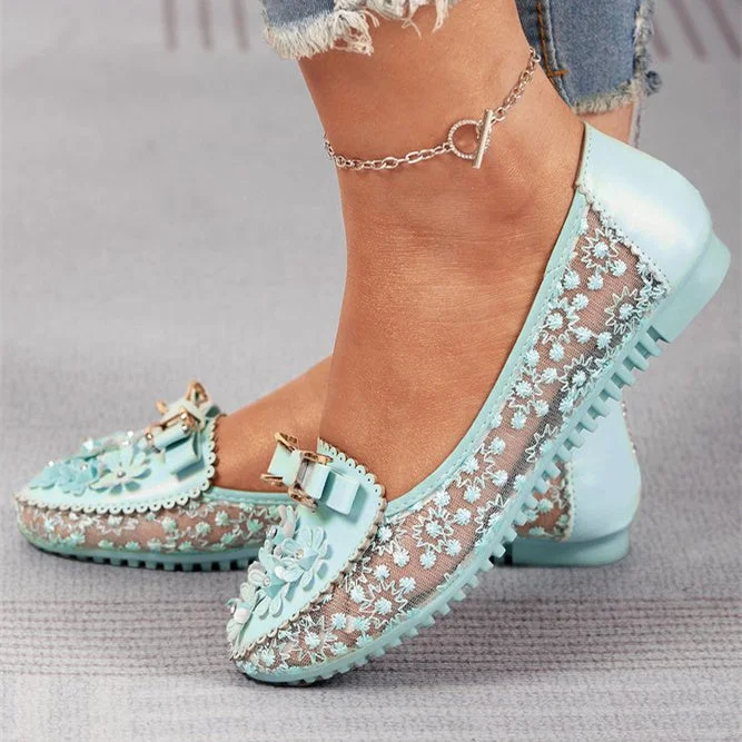 Women's Elegant Applique Bowknot Decor Lace Split Joint Flat Shoes