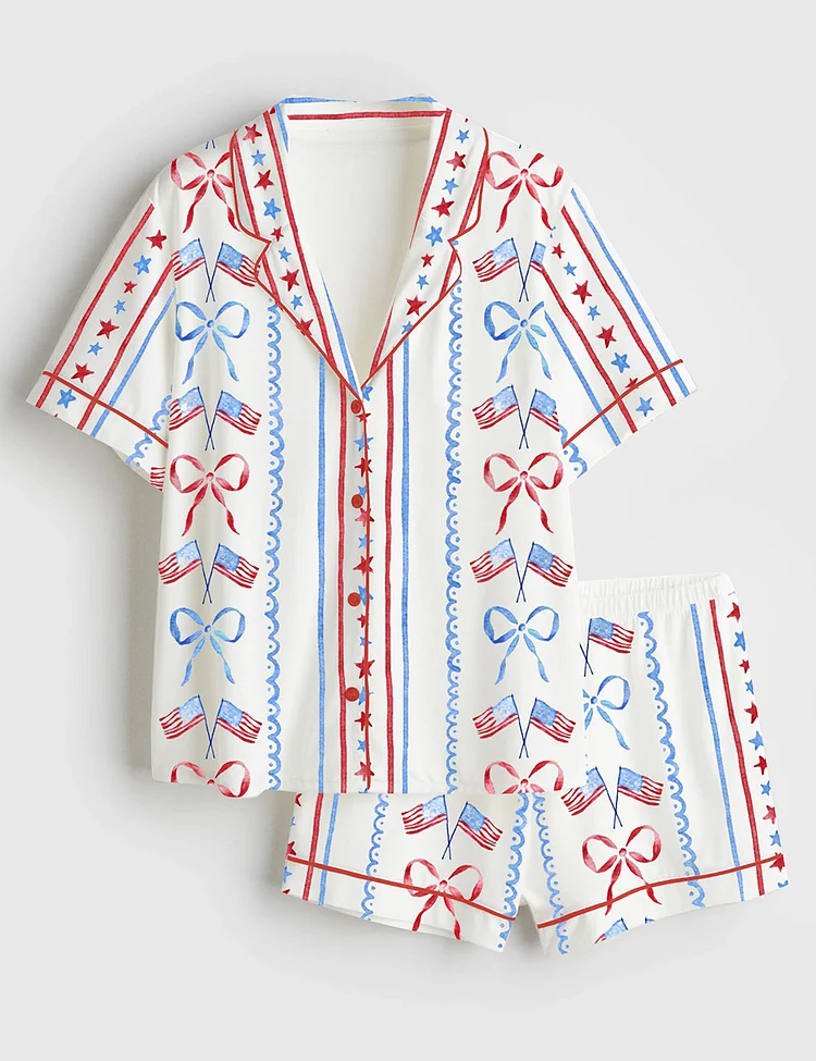 Women&rsquo;s Red White And Blue Bow And Flag 4th Of July Short Sleeve Satin Pajama Set