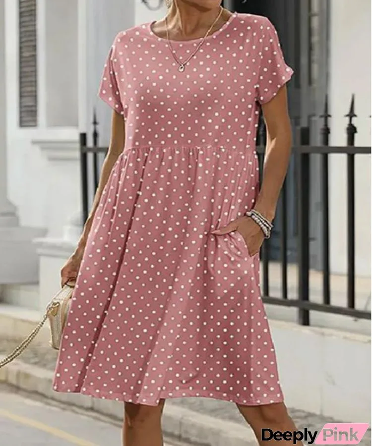 Summer Women Fashion Casual Polka Dot Print Round Neck Short Sleeve Pocket Dress