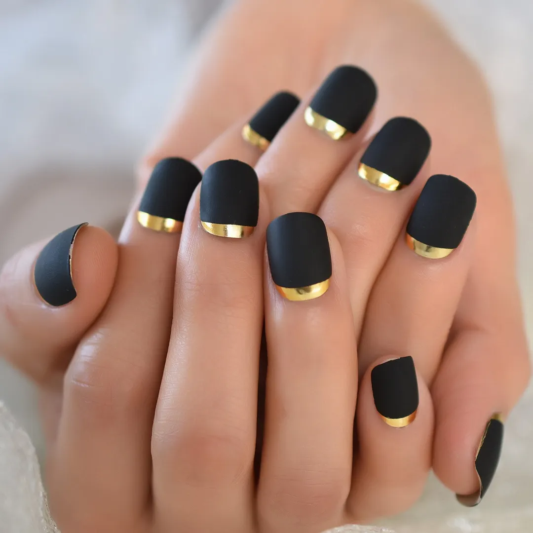 Short Nail Tips Square  Fingernail Golden Edge Pre Designs False Nail Art Black&gold Supplies For Professionals Wholesale Charms-Nail Inspo