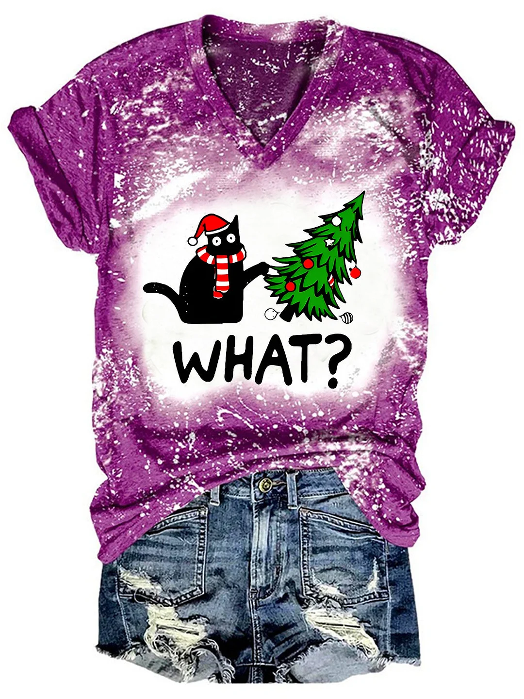 Christmas Funny Black Cat Print T-shirt