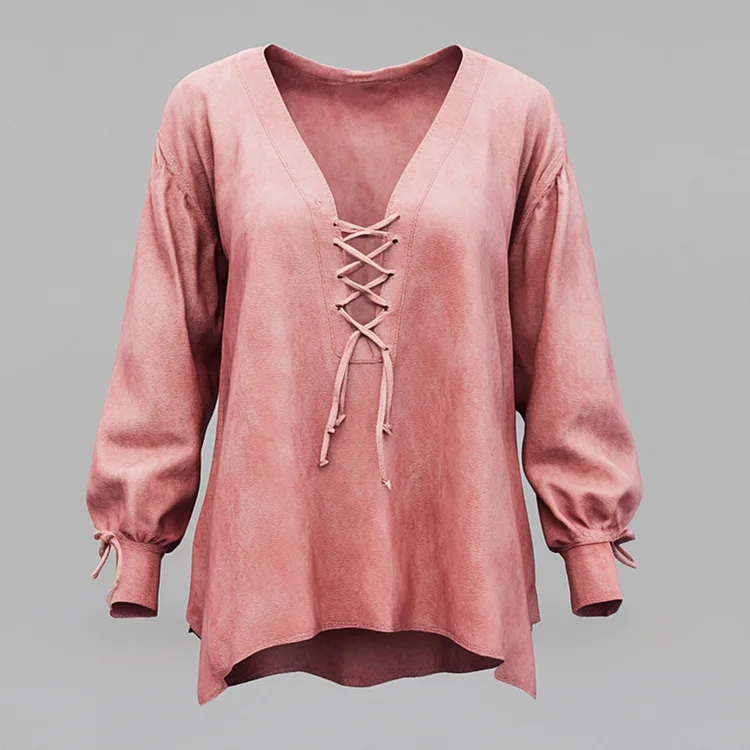 Ursime Suede V Neck Lace-Up Puff Sleeve Blouse