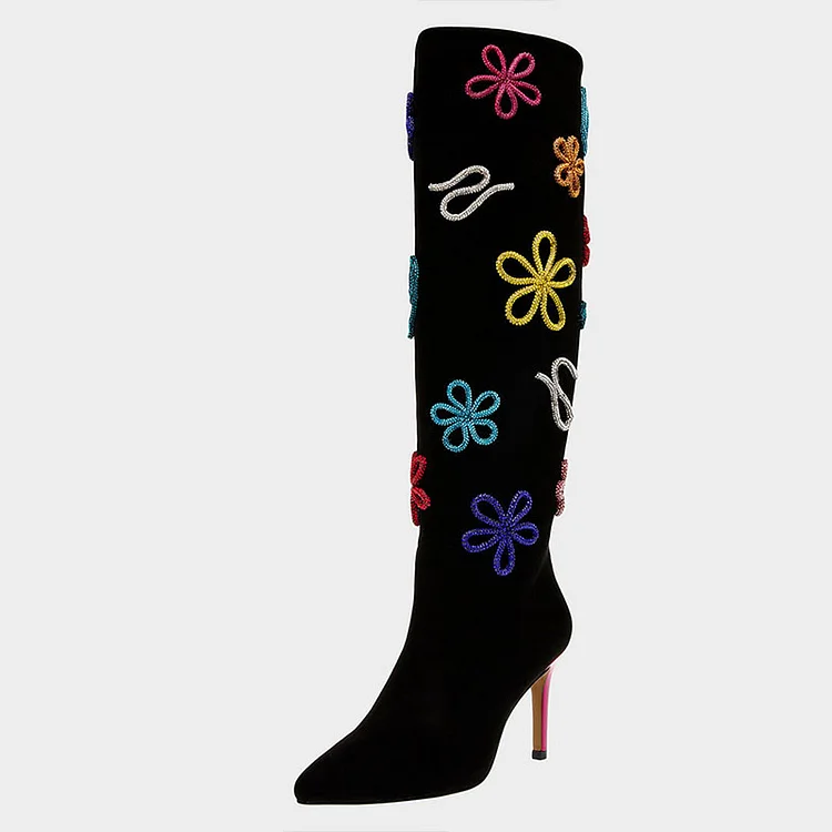 Black Pointed Vegan Suede Boot Classic Stiletto Heel Sewed Flower Shoes Knee Boots |FSJ Shoes