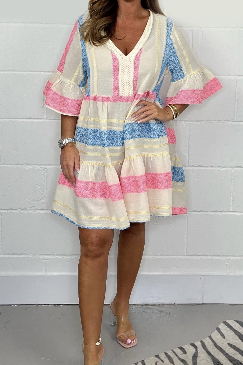 V-neck printed cotton and linen dress
