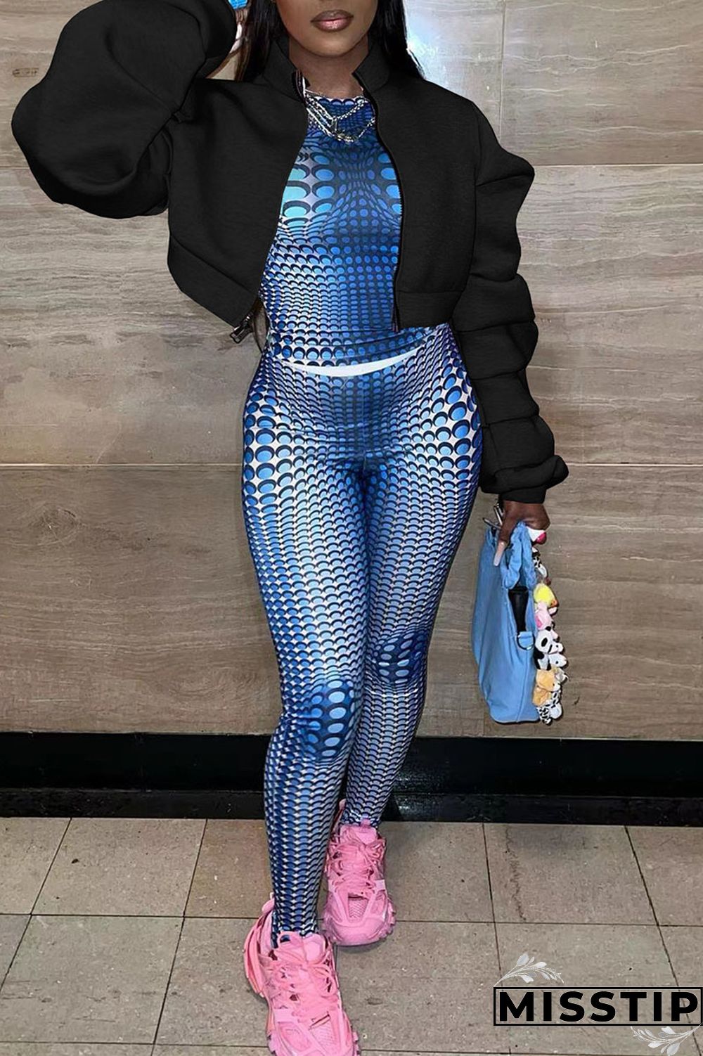 Black Casual Solid Patchwork Fold Zipper Collar Outerwear