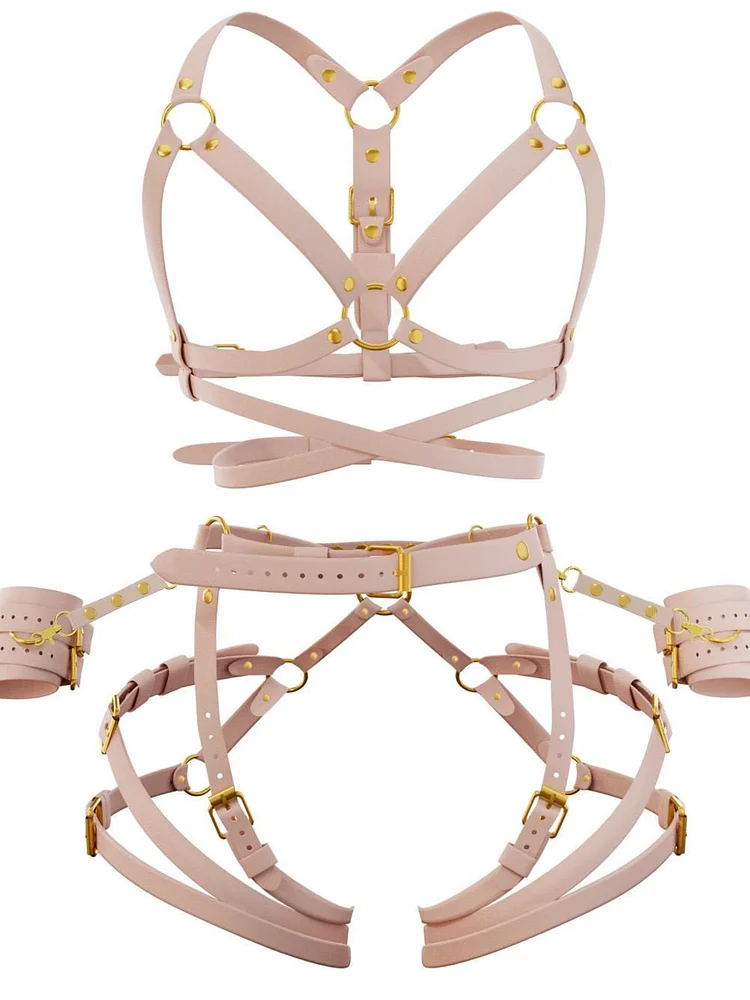 pornhint Pornhint Pink Bondage set, Leather BDSM Harnesses for Women, Open Bra Harness, Butt Harness, Pink Garters, Rave Costume, BDSM Leather Lingerie leather harness women