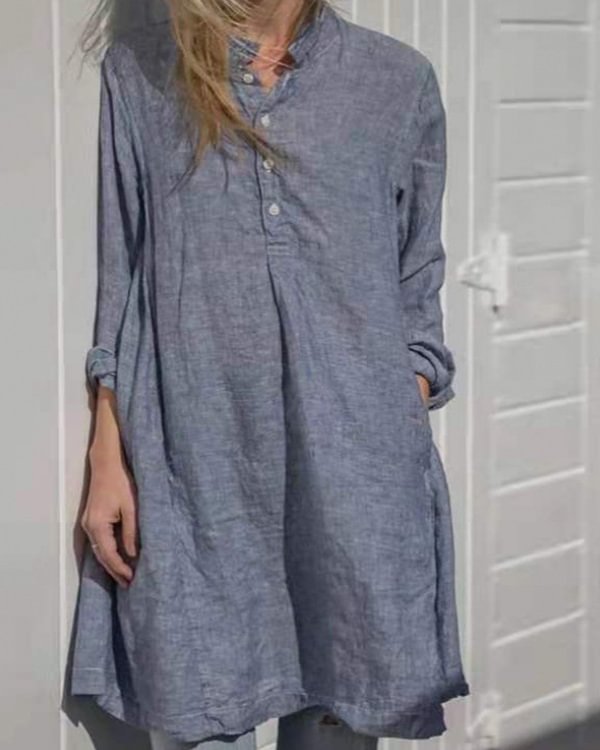 Cotton Linen Long Sleeve Pocket Dress