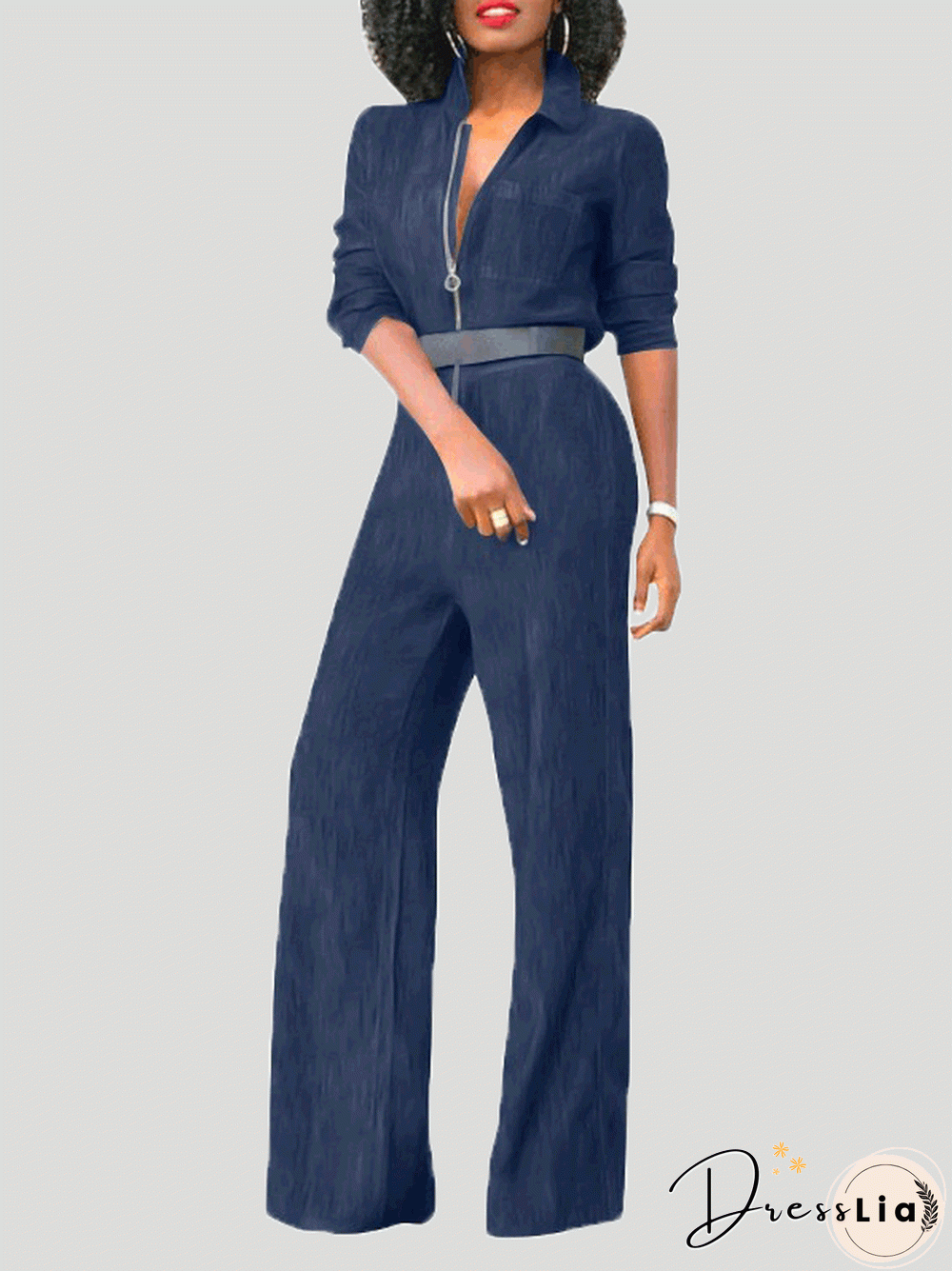 Women'S Jumpsuits Lapel Zip Long Sleeve Denim Jumpsuit