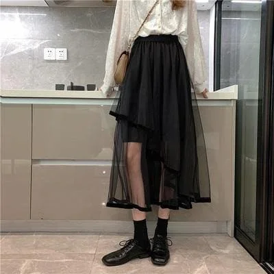 Simple Solid Color Perspective Irregular Double Layer Tulle Skirt