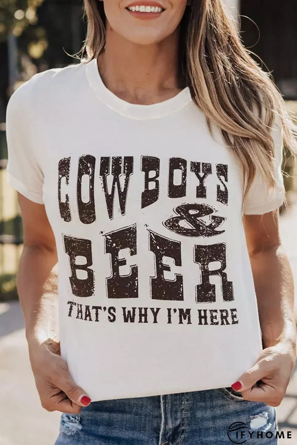 White COW BOYS & BEERS Letters Graphic T-shirt | IFYHOME