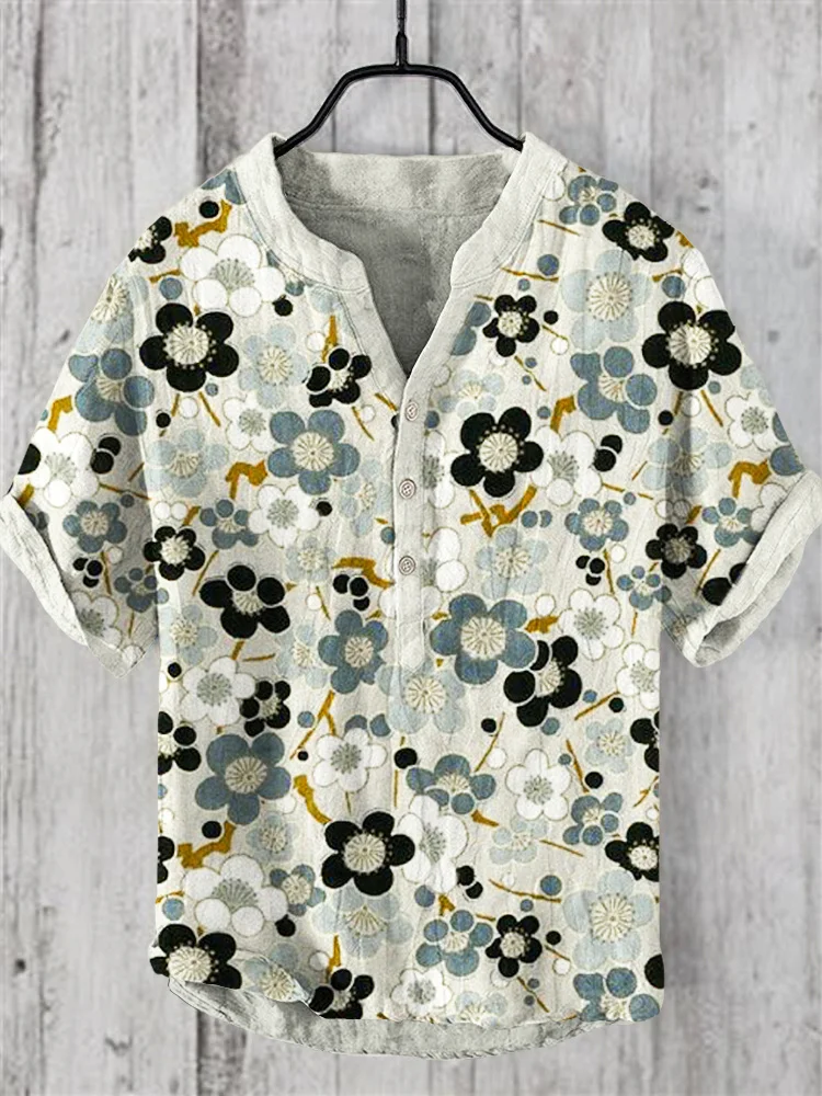 Japanese Cherry Blossom Art Linen V-Neck Shirt