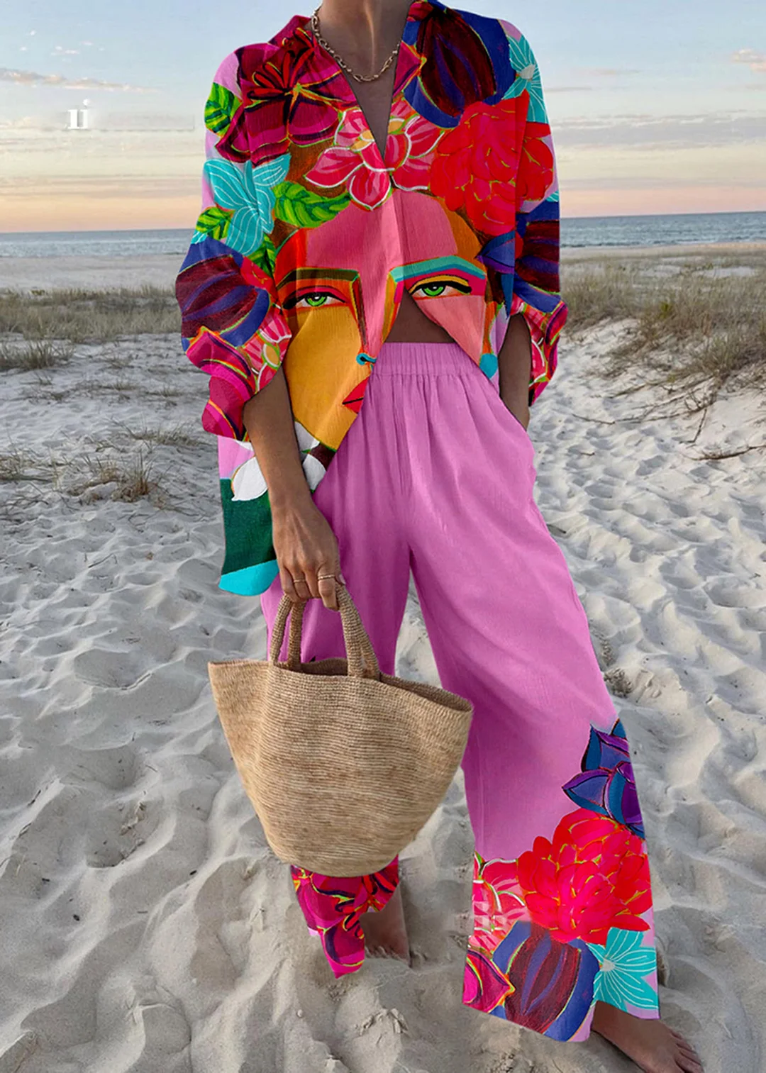 Colorful Flower Mask Print Two-Piece Set