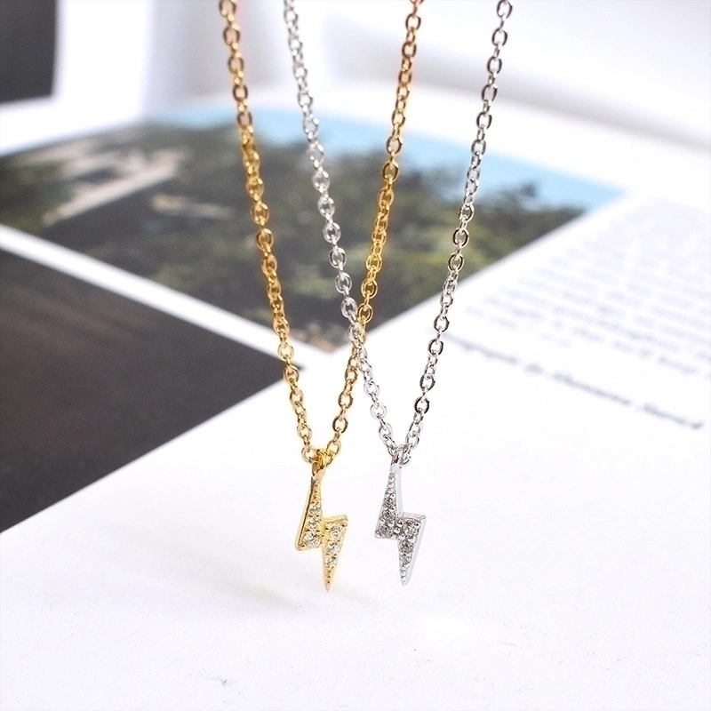 925 Sterling Silver Rhinestones Cable Chain Inlay Lightning Pendant Necklace