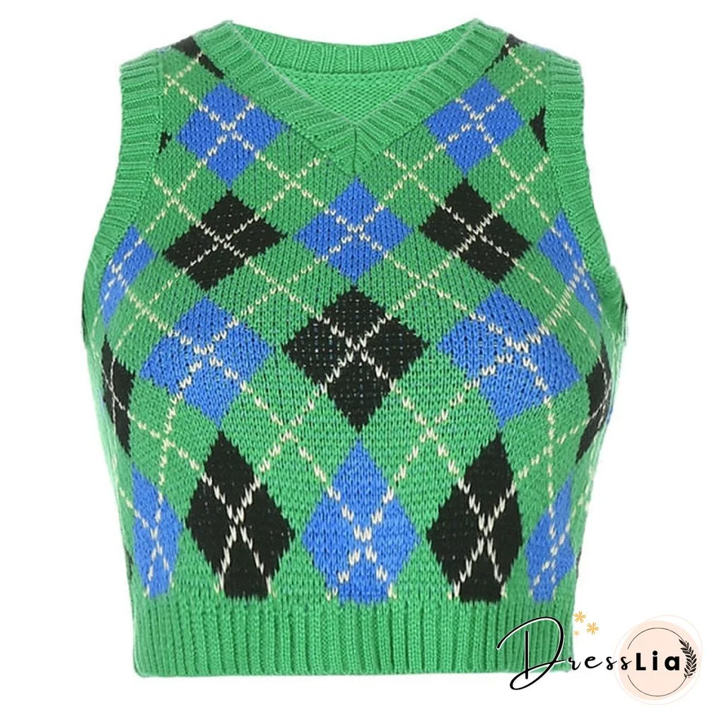 V Neck Vintage Argyle Sweater Vest Women Black Sleeveless Plaid Knitted Crop Sweaters Casual Autumn Preppy Style tops