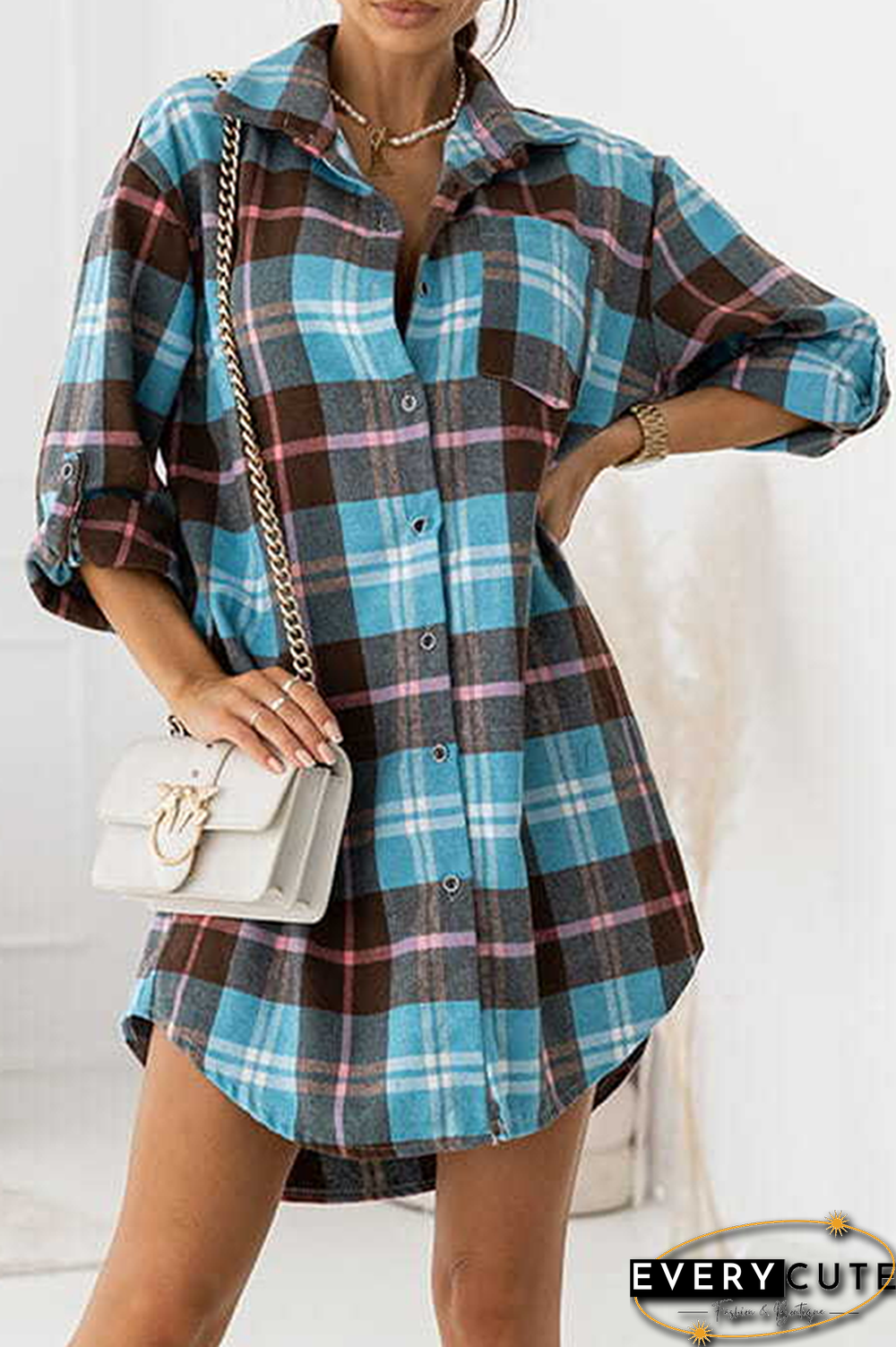 Casual Plaid Split Joint Buckle Turndown Collar Shirt Dress Dresses(4 colors)