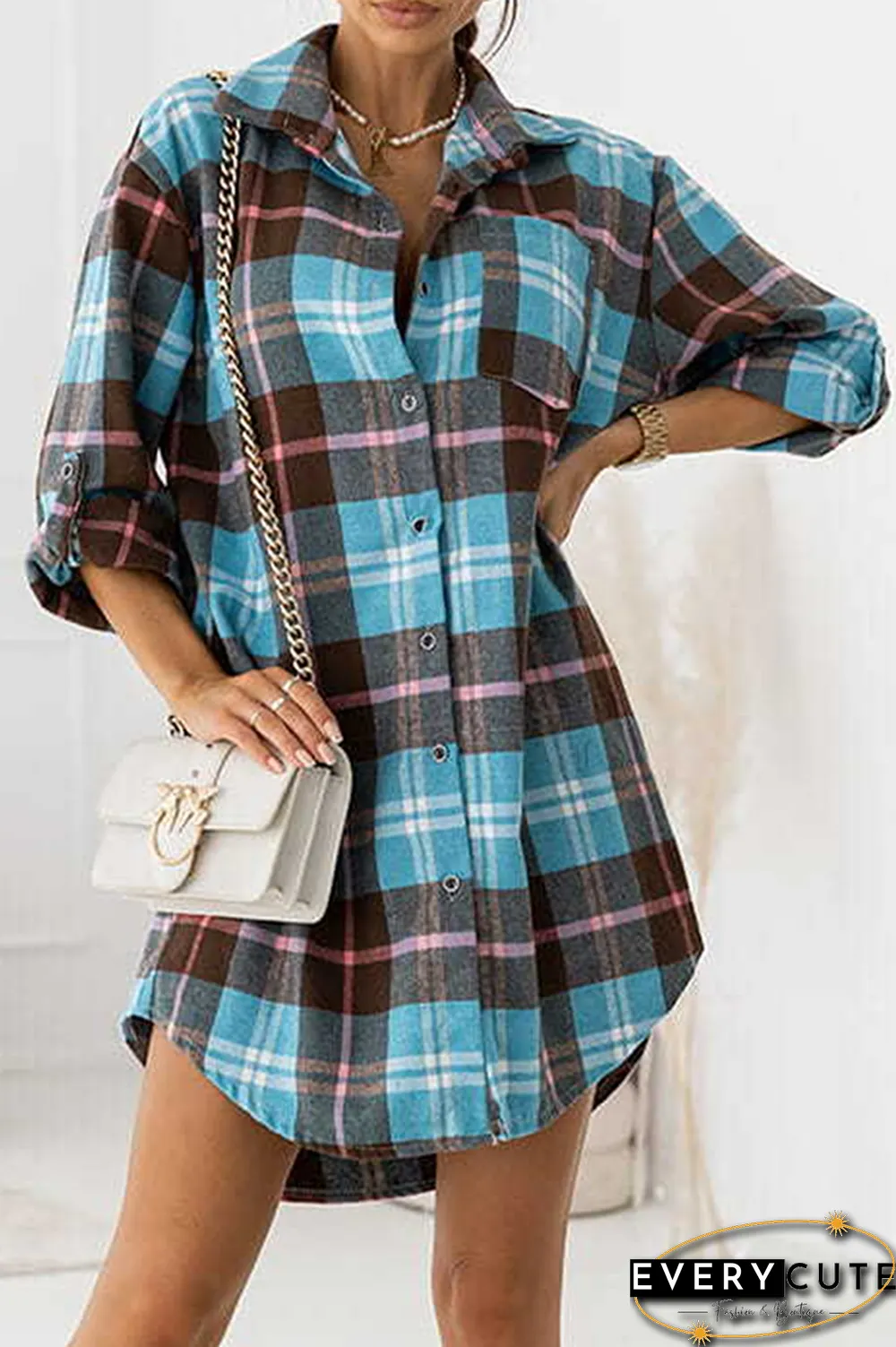 Casual Plaid Split Joint Buckle Turndown Collar Shirt Dress Dresses(4 colors)