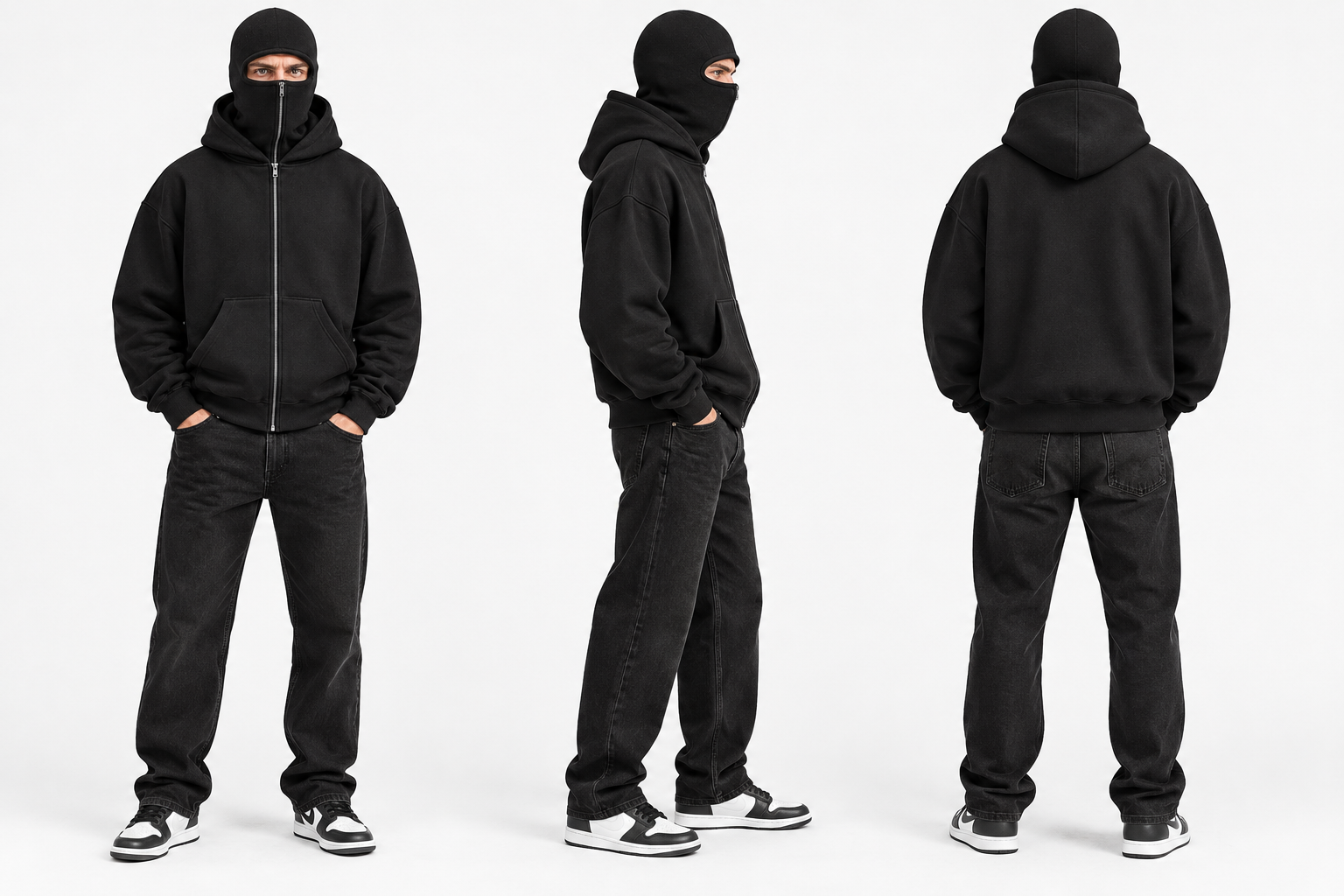 Men's balaclava hoodie with built-in zip shown front, side and back