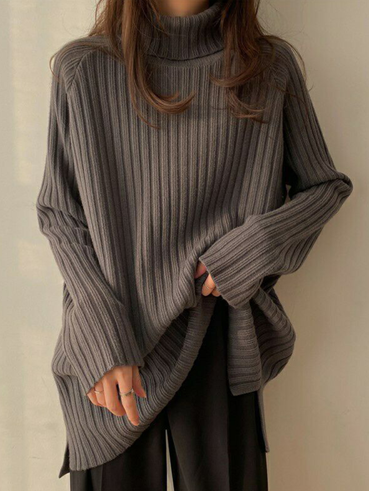 Casual Solid Rib Knit Turtleneck Long Sweater