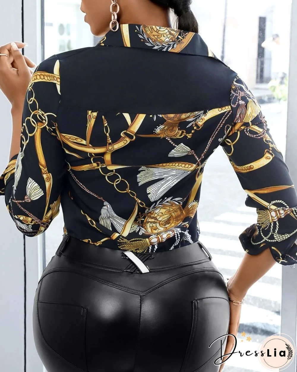 Chain Scarf Print Button Design Shirt P10692