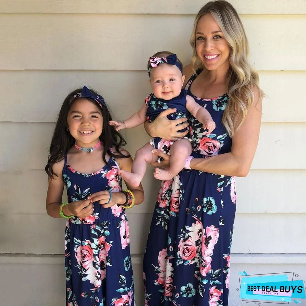 Mommy and Me Floral Dark Blue Casual Tank Matching Dresses