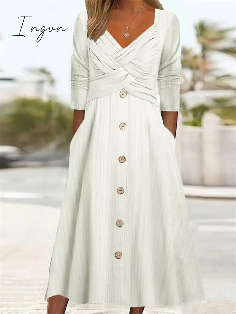 Ingvn - Women’s Casual Dress Summer Pleated Plain Ruched Button V Neck Midi Fashion Mature