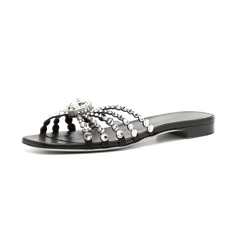 Black Open Square Toe Crystal Embellished Strappy Flat Slides Shoes |FSJ Shoes