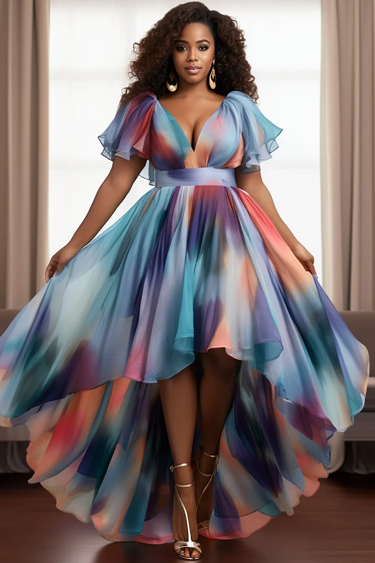 Xpluswear Design Plus Size Formal Blue Elegant All Over Print V Neck Short Sleeve High Low Hem Organza Maxi Dresses [Pre-Order] 2024 - Xpluswear