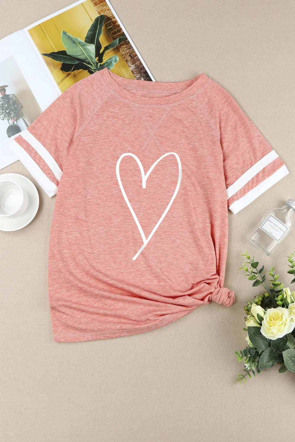 Pink Sketch Heart Print Striped Short Sleeve Tee