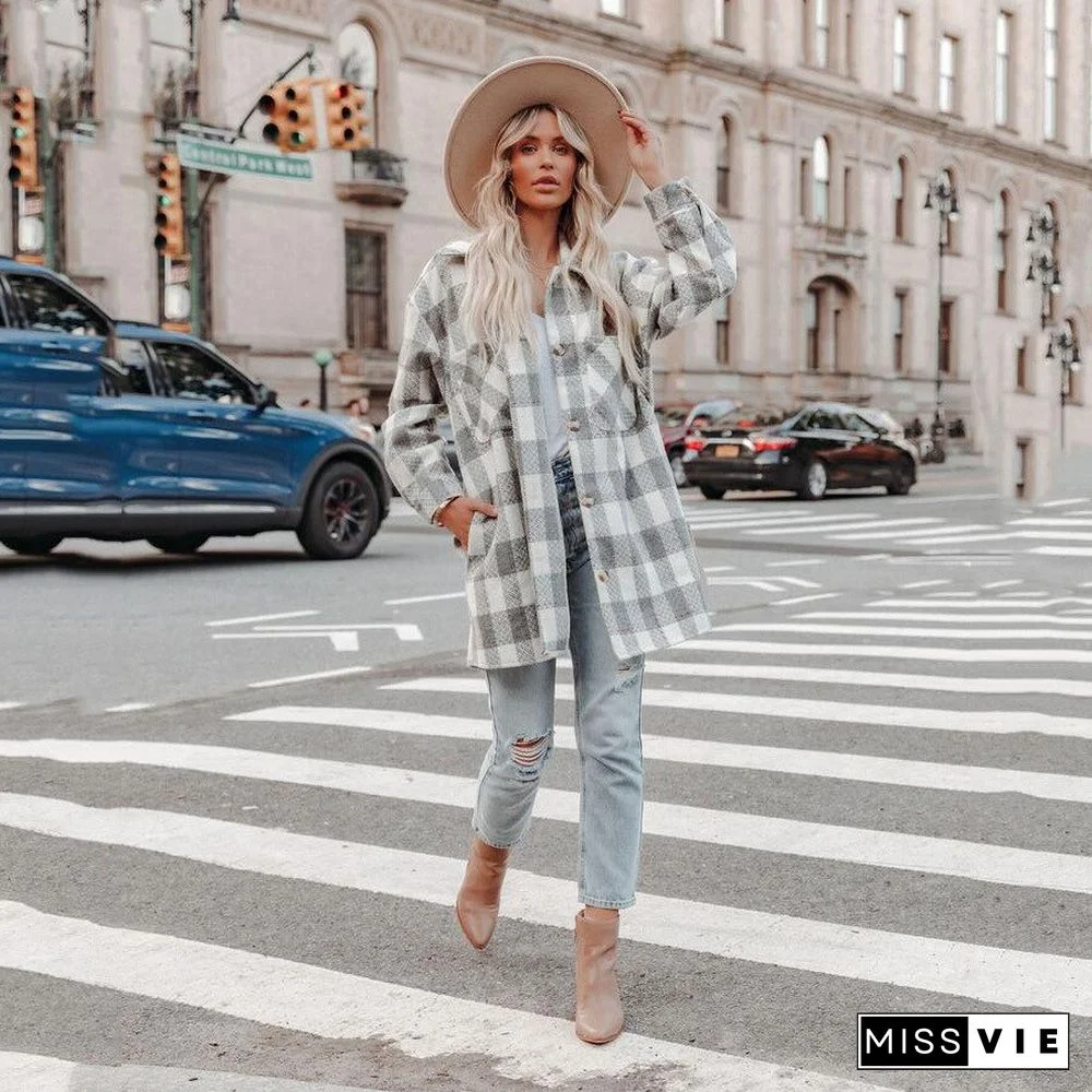 Autumn And Winter Plaid Coat With Pocket Lapel Classic Coat Women's Mid-length Women Jacket